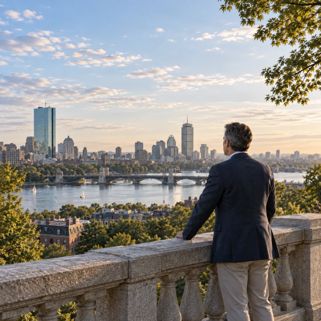 Man overlooking a city skyline from a scenic viewpoint, representing long-term financial planning and a broader perspective on wealth management.